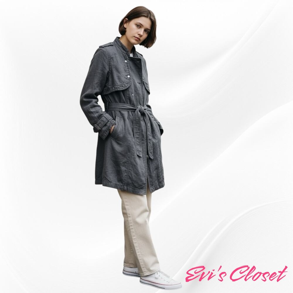 Free People Women’s Gray Linen Blend Utility Military Trench Coat Size 6